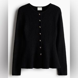Black Rib Knit Cardigan Sweater | Gold Geometric Buttons Peplum | H&M | L | NWT